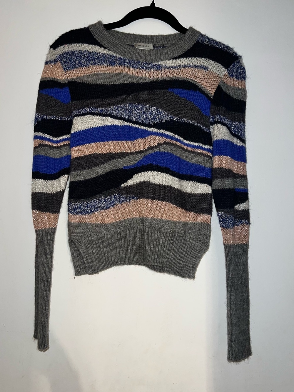 MARELLA Wave-Striped Crewneck Sweater in Gray, Blue, Black, Cream, Tan